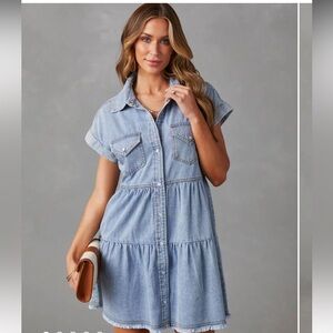 VICI Sunol Tiered Button Down Chambray Dress S
